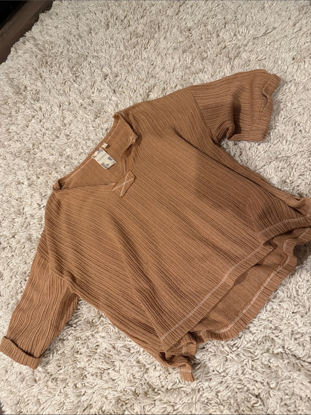 Blu Pepper Camel Knit Short Sleeve Top with Side Tie Hem
